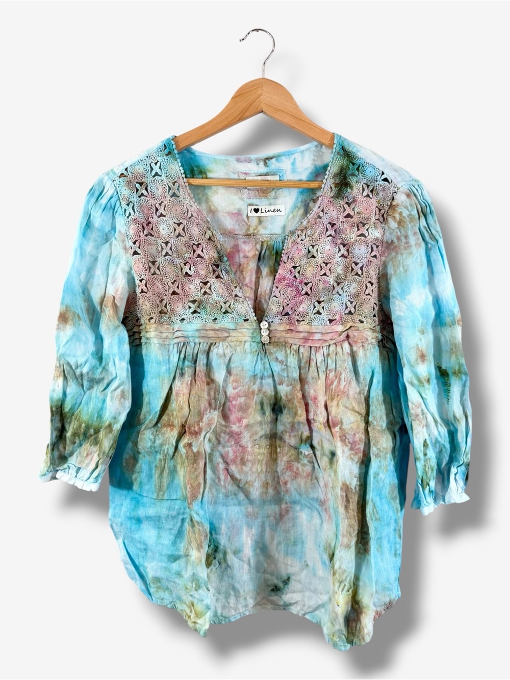 Malvin I Love Linen Floral Crochet Blouse Size L Aqua Pink Boho